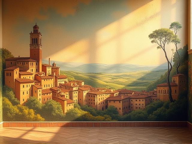 Murale artistico rappresentante paesaggi fiorentini su muro