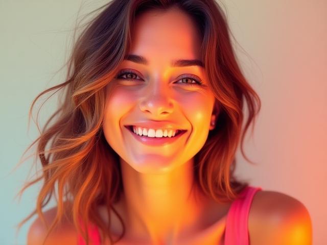 Ritratto su commissione di una giovane donna sorridente con colori vivaci