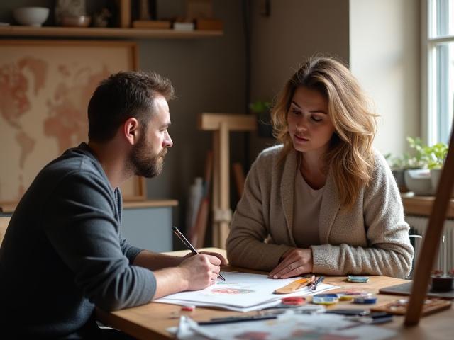Artista che consiglia un cliente su un progetto di pittura